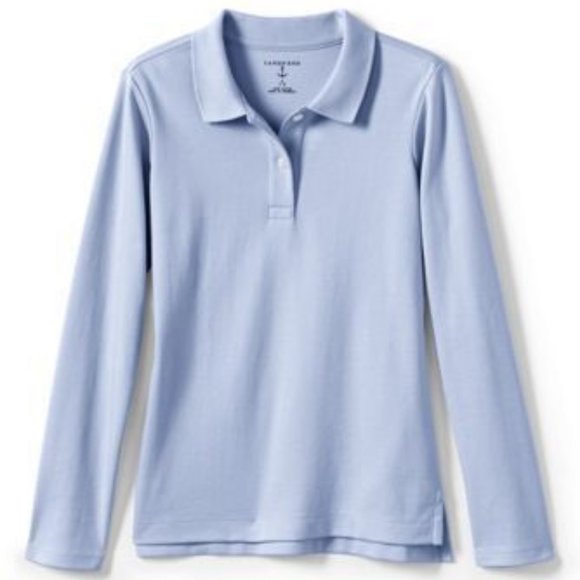 NWT LANDS' END GIRLS LONG SLEEVE FEMININE FIT INTERLOCK POLO SHIRT BLUE MEDIUM - Picture 1 of 4